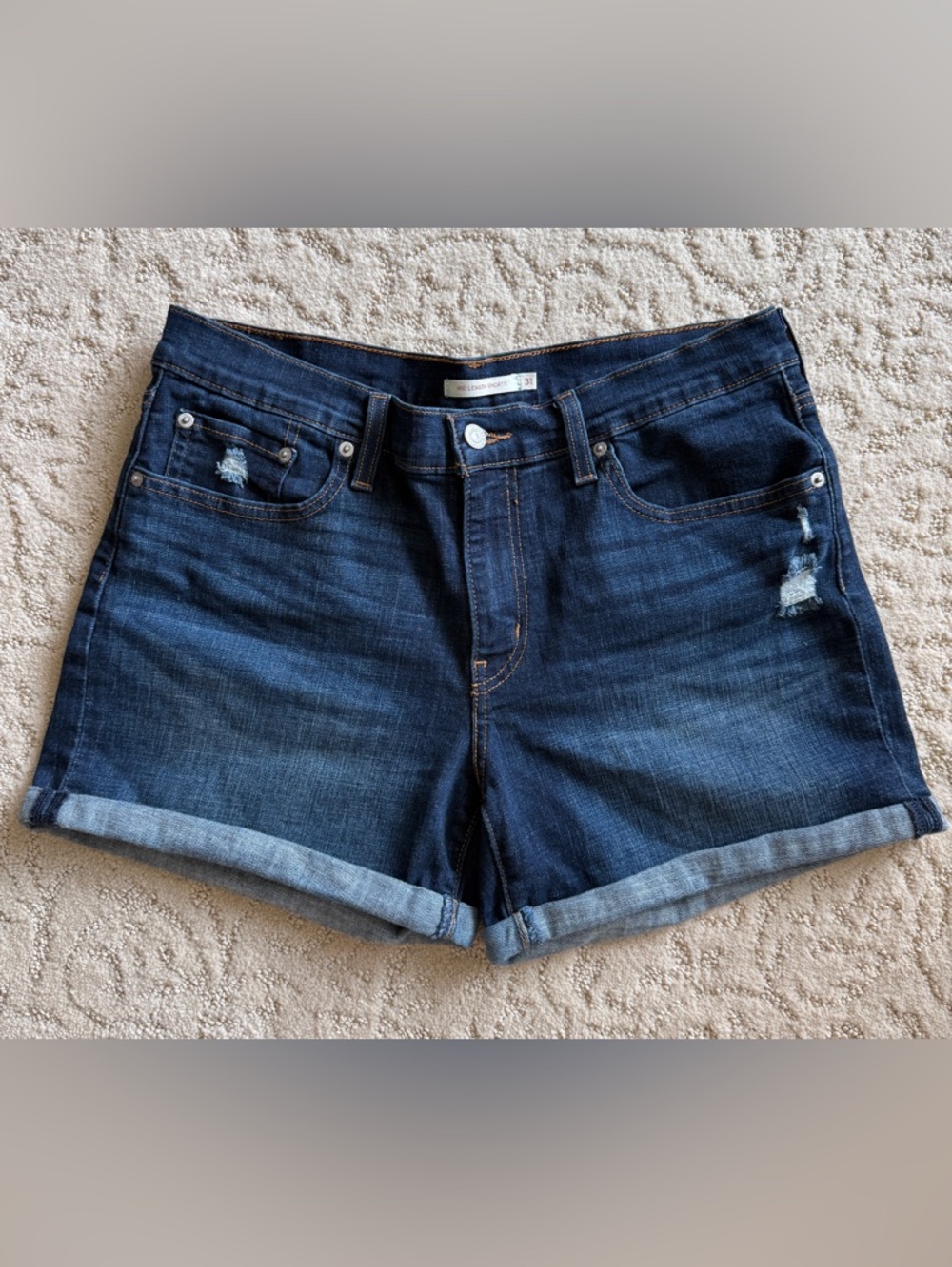 Levi's Women Mid Length 31 Rolled Cuff Dark Wash Distressed Stretch Jean Shorts